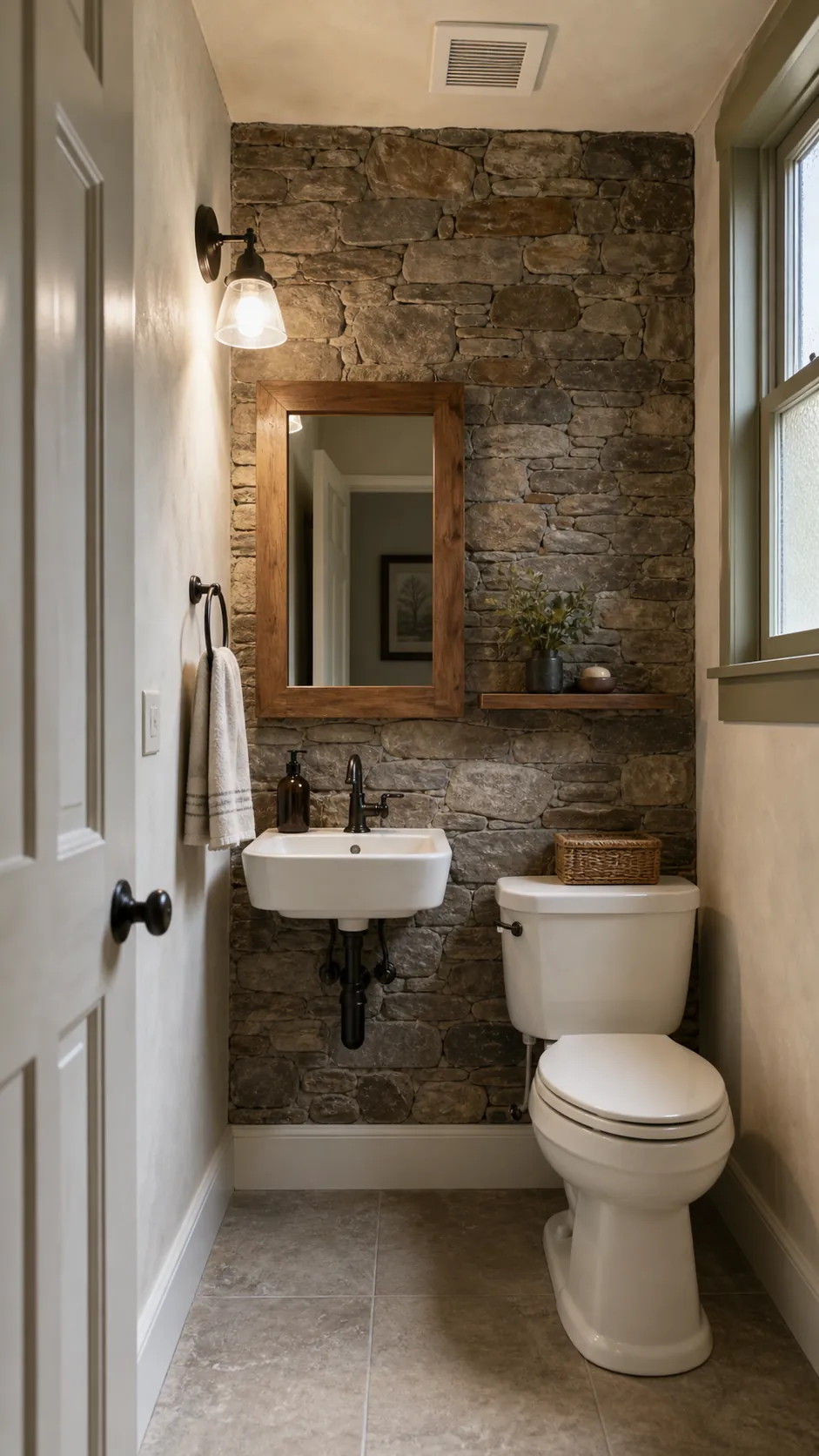 Rustic half bathroom with a fieldstone accent wall behind a compact sink