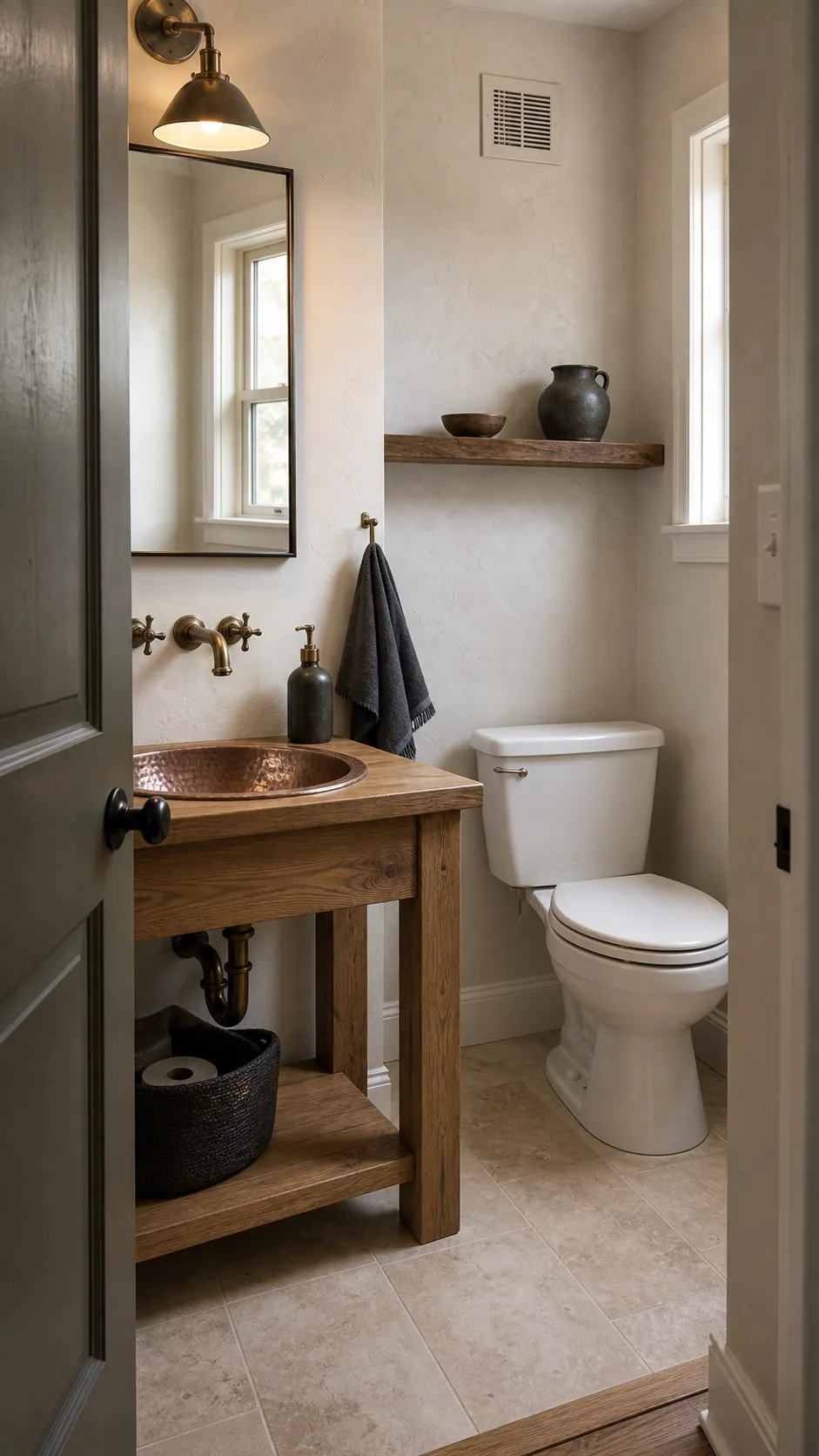 Rustic half bathroom with a hammered copper basin on a simple wood vanity