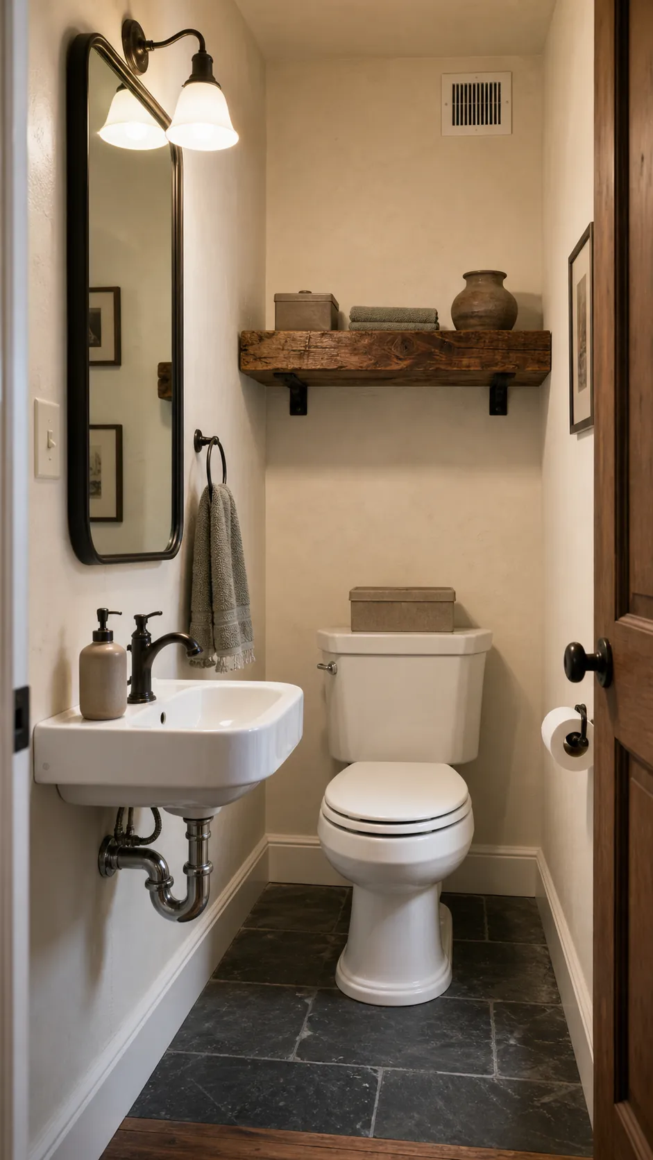 Rustic powder room with a reclaimed wood beam shelf above the toilet