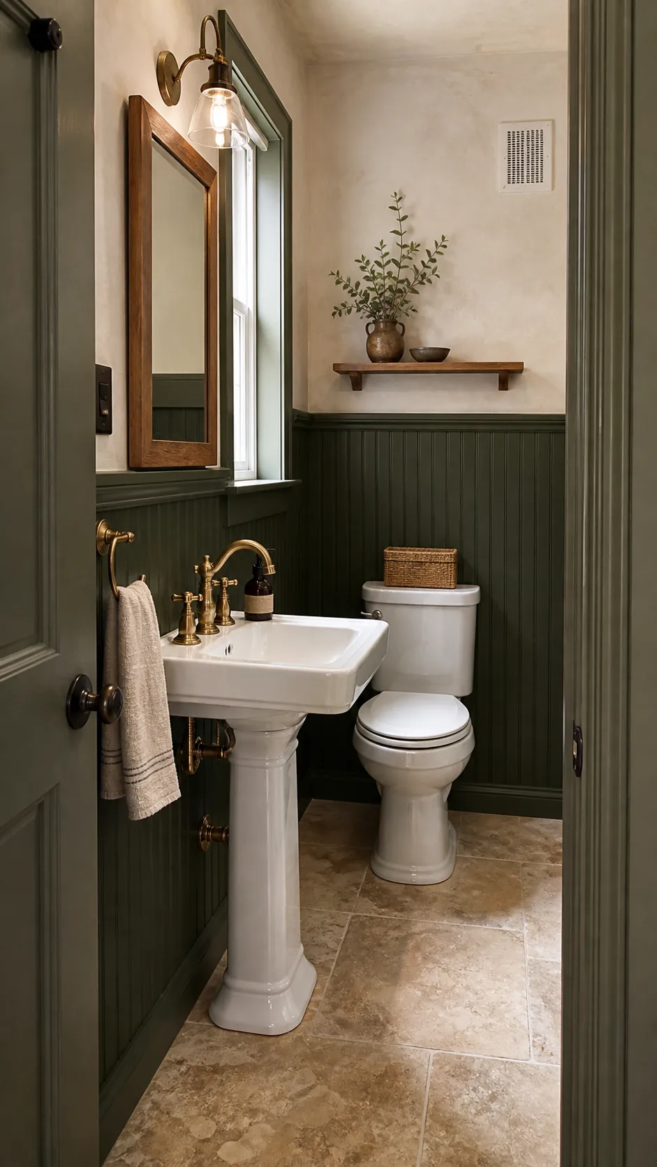 Rustic half bathroom with deep woodland green beadboard and a small white sink
