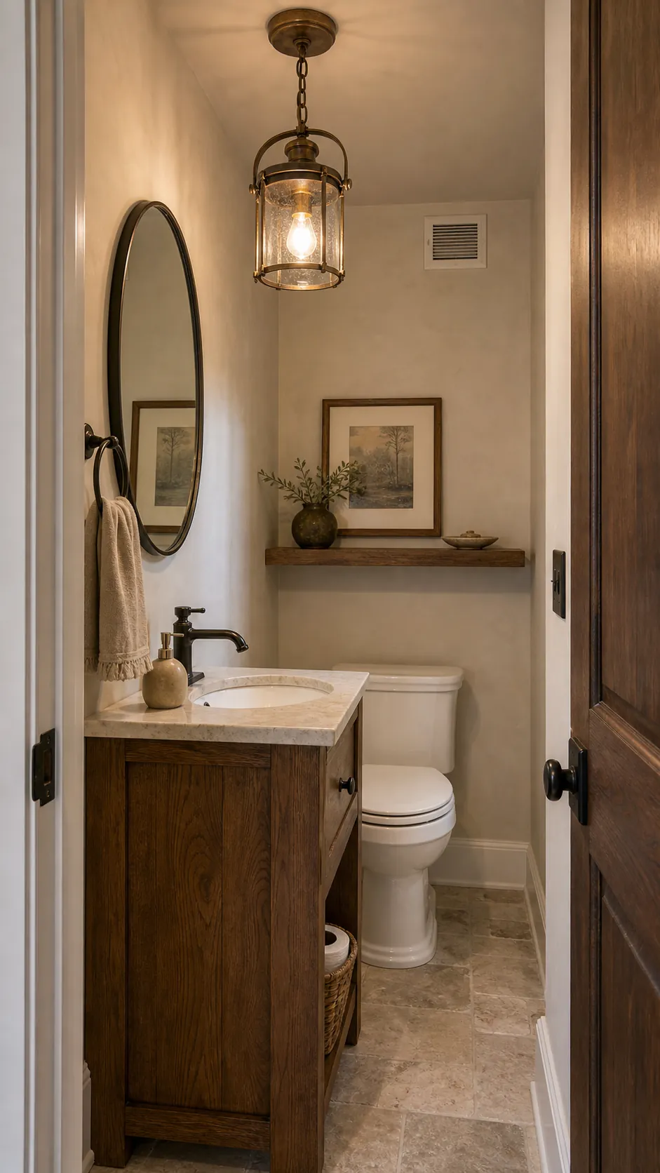 Rustic powder room with a small aged brass lantern pendant and oak vanity