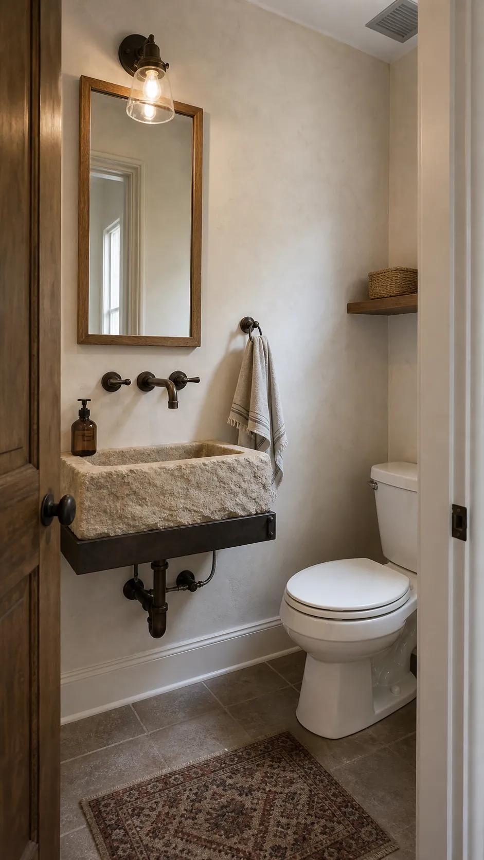 Rustic half bathroom with a compact carved stone trough sink