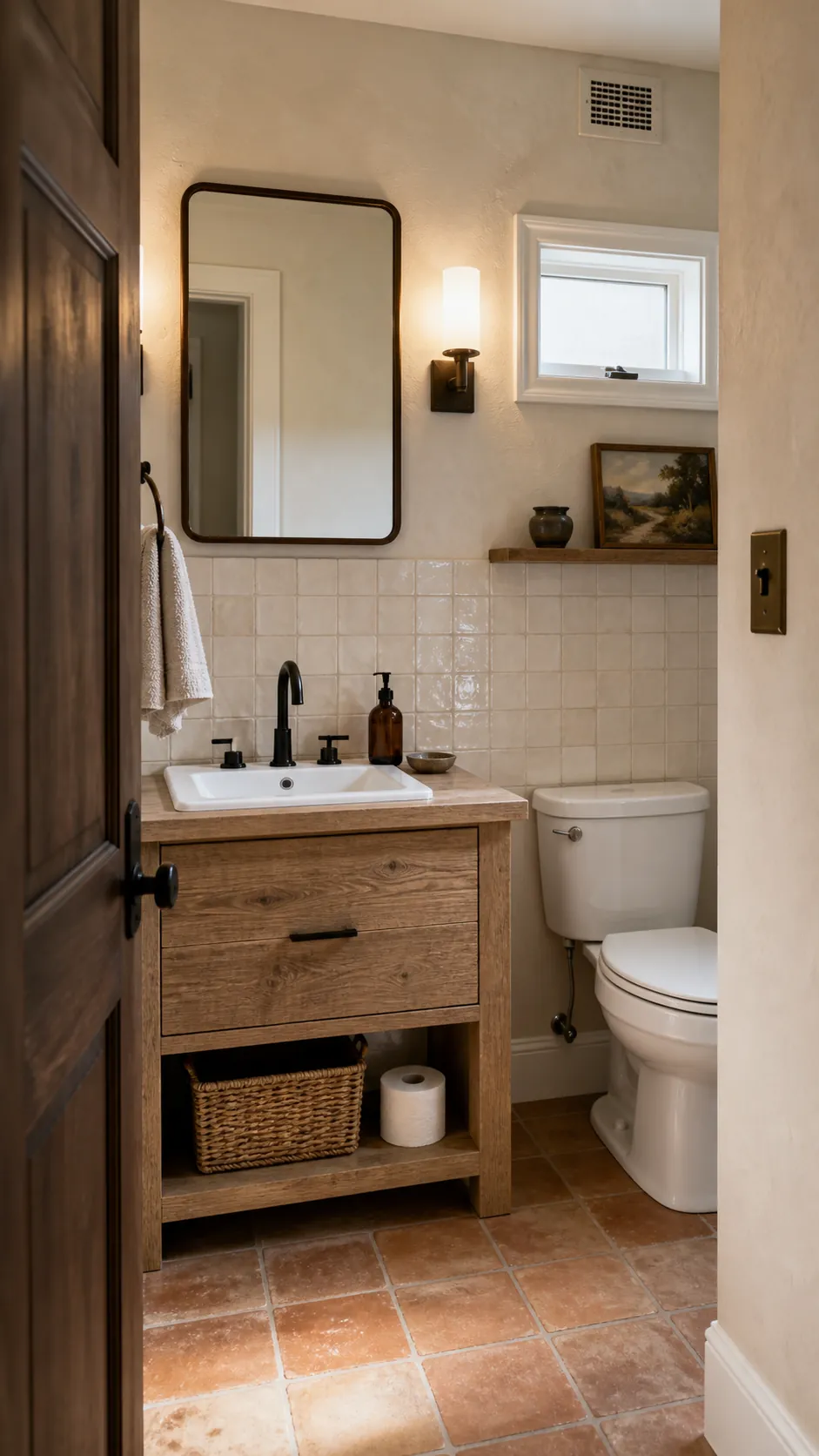 Rustic half bathroom pairing handmade cream tile with a rough timber vanity