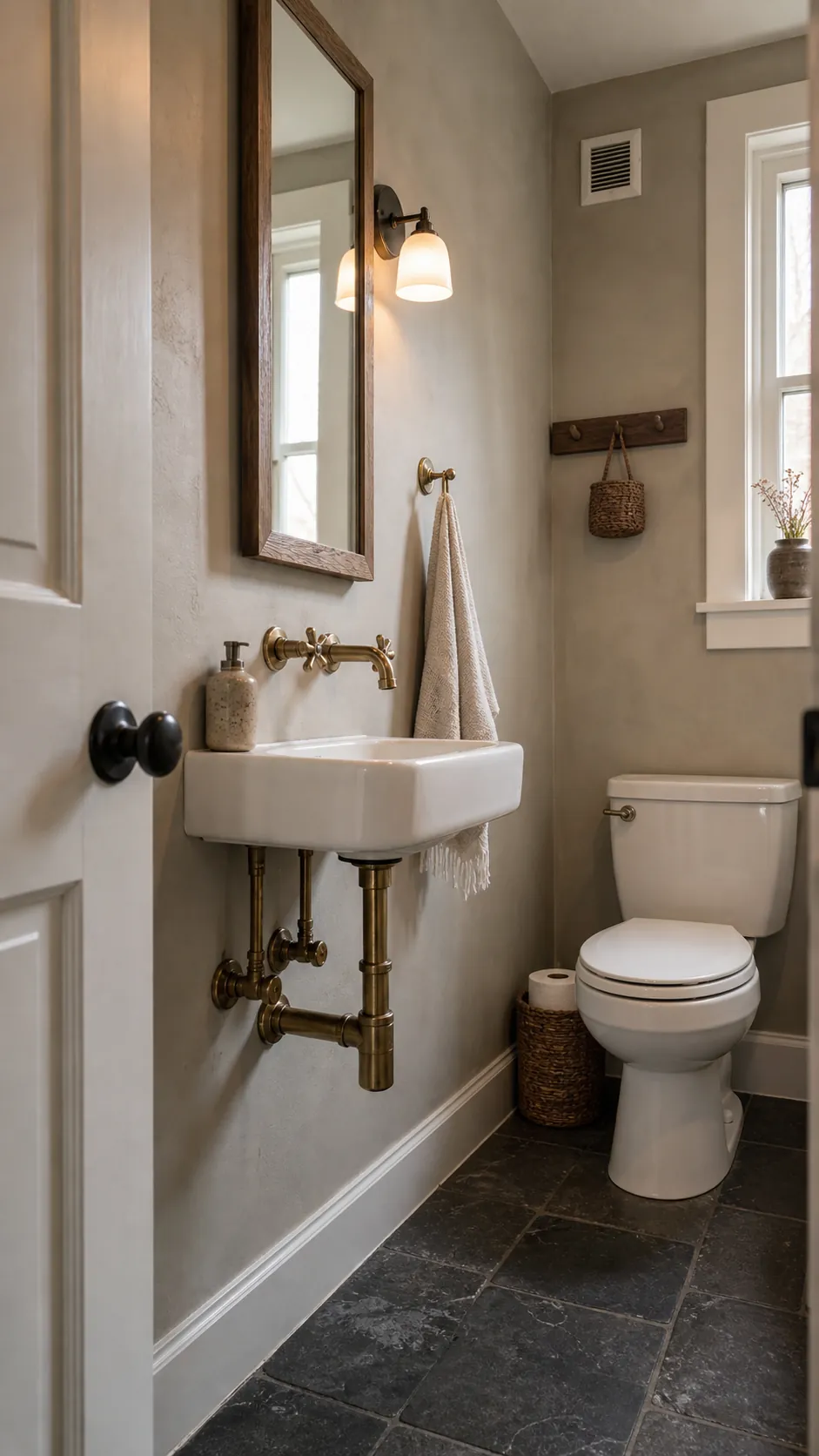 Rustic half bathroom with a wall-hung sink and neat antique brass exposed plumbing