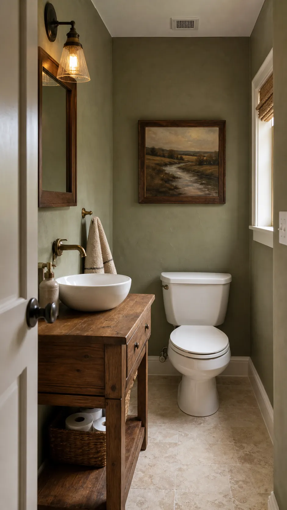 Rustic powder room with one vintage landscape painting above the toilet