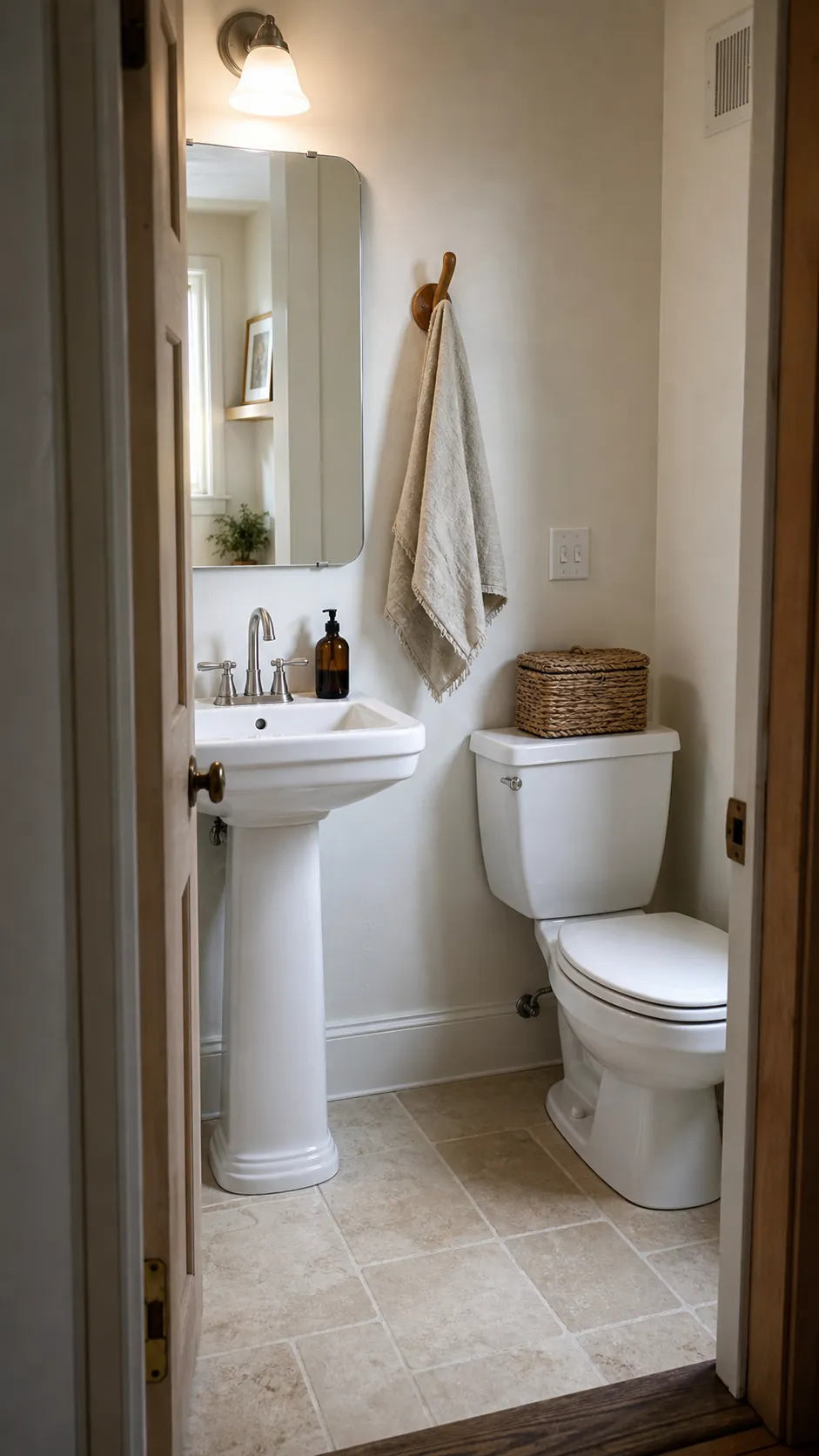 Small rustic half bathroom styled with a lidded woven basket and linen hand towel