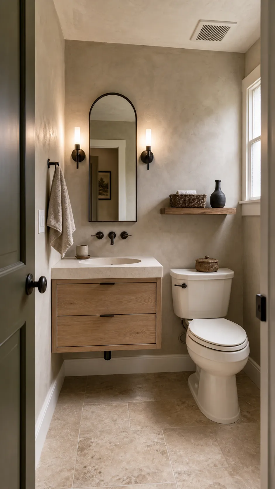 Modern rustic half bathroom in clay, oak, cream, and dark bronze tones