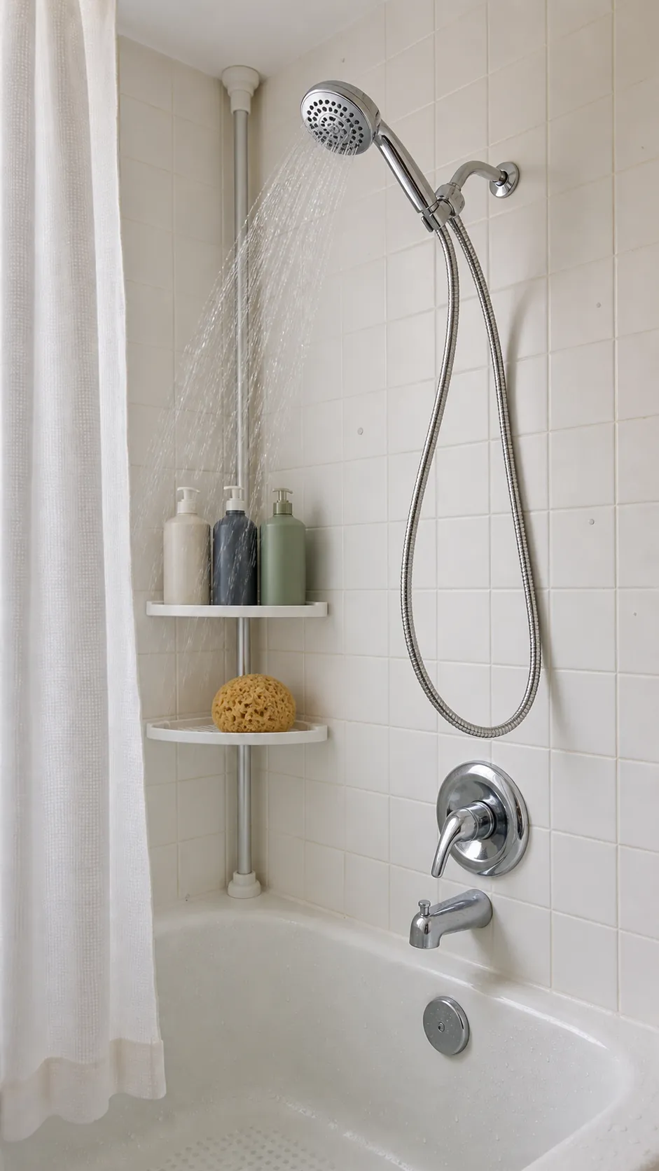 Handheld showerhead and neat tub ledge creating a practical spa shower upgrade