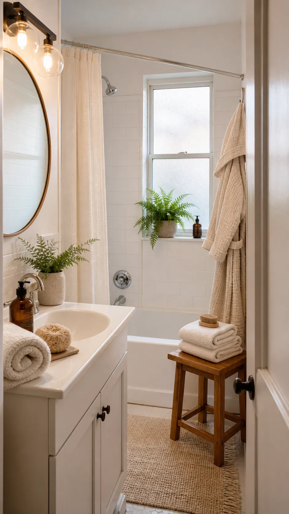 Small spa bathroom refreshed with warm light, folded towels, wood accents, and greenery