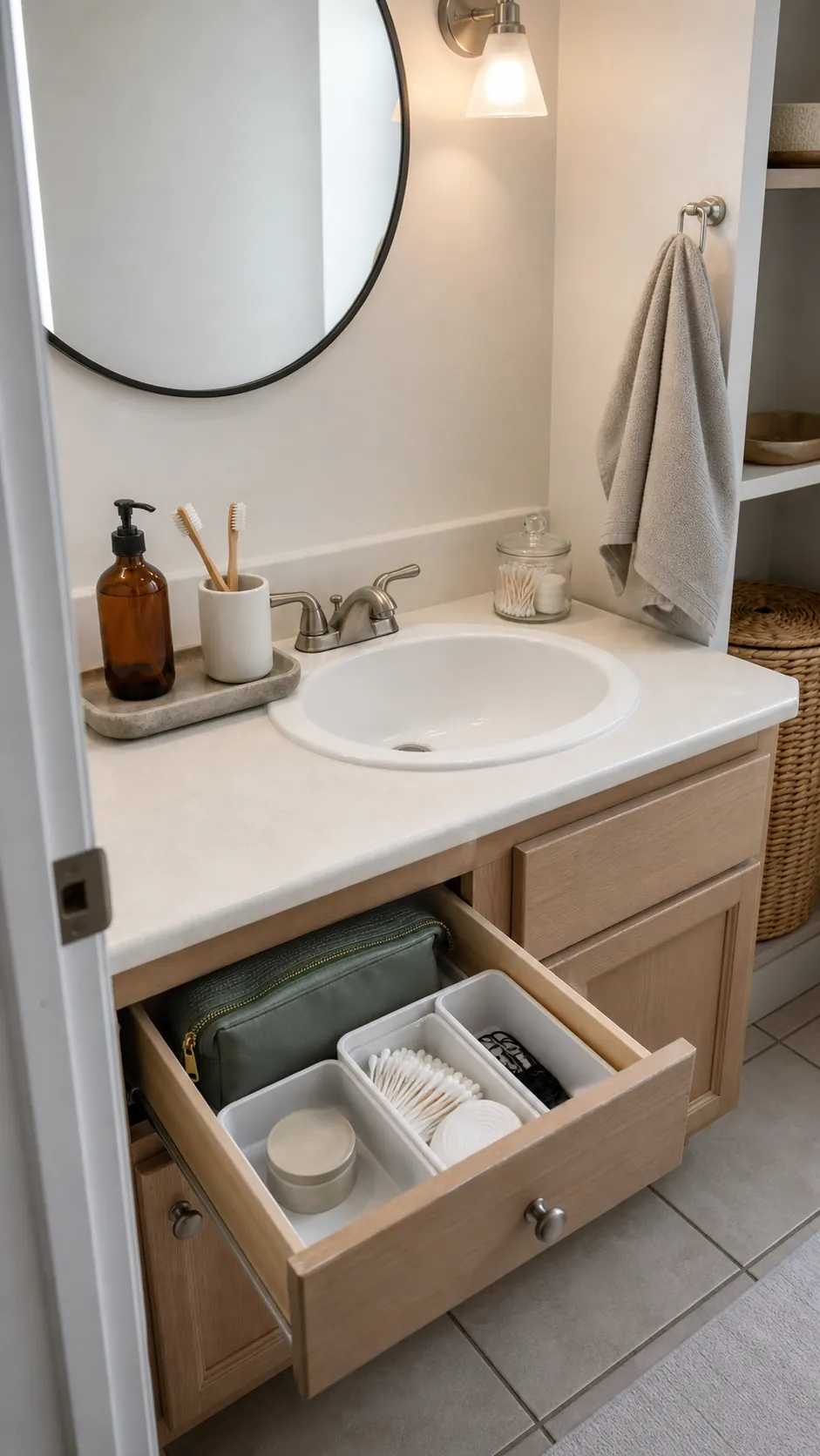 Small bathroom vanity reset with a clear counter and daily essentials organized on a tray