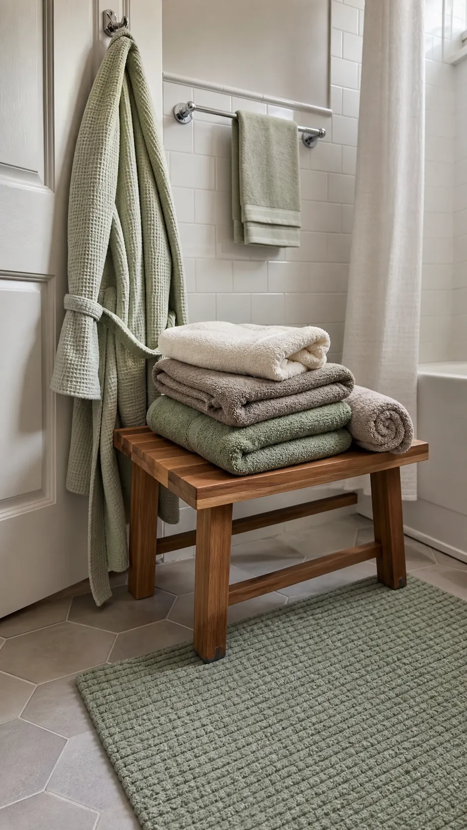 Plush towels, waffle robe, and washable bath mat adding spa texture to a small bathroom