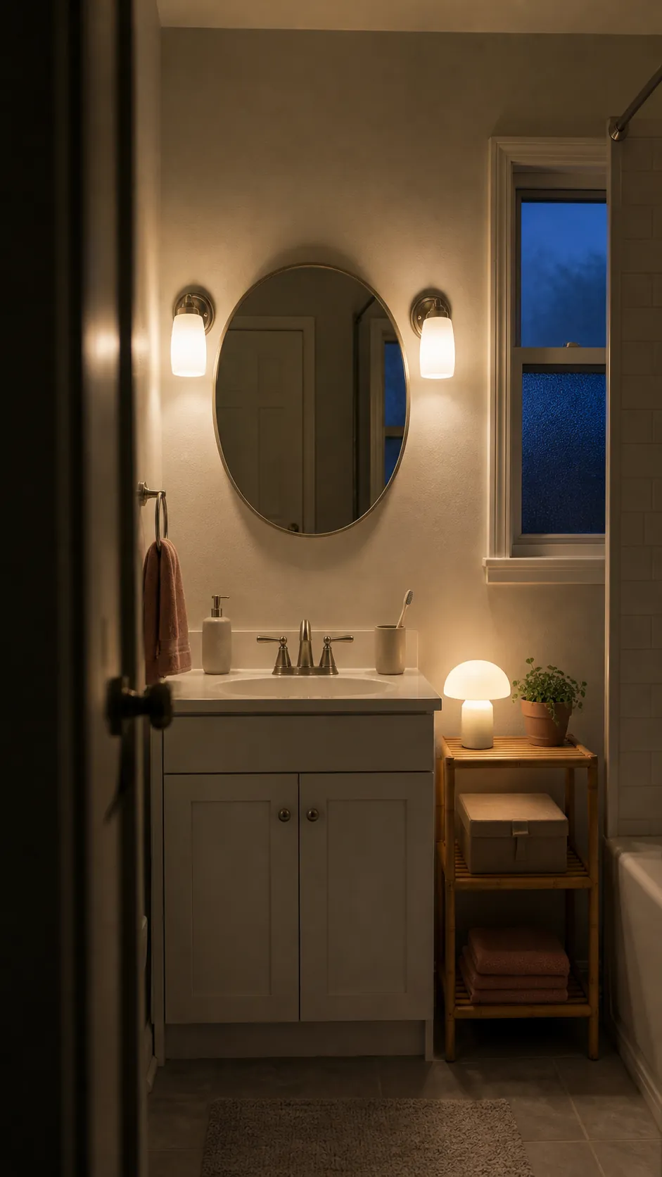 Small bathroom with warm layered vanity lighting and a rechargeable accent lamp