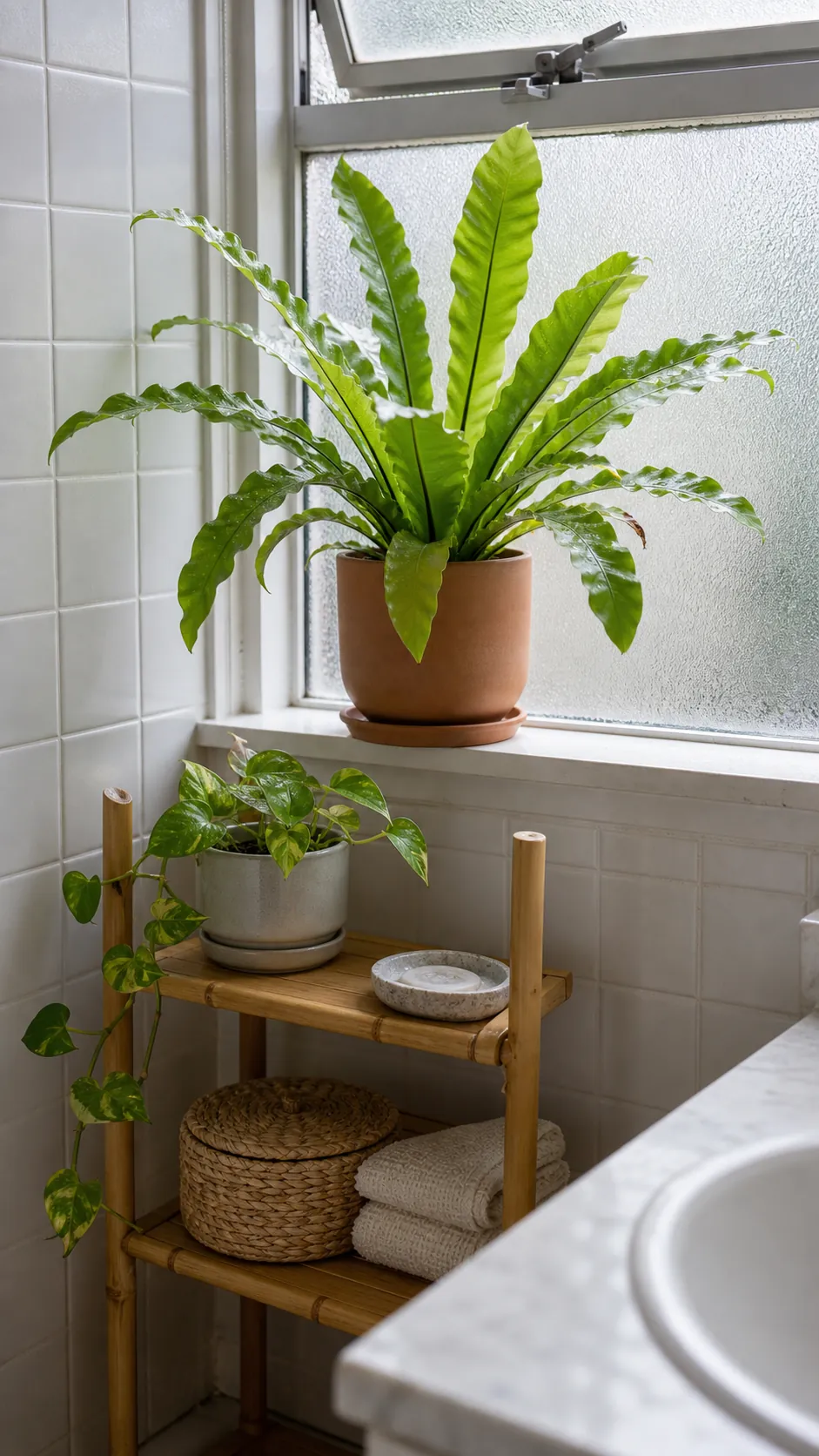 Humidity-tolerant bathroom plants with wood, stone, and woven natural accents