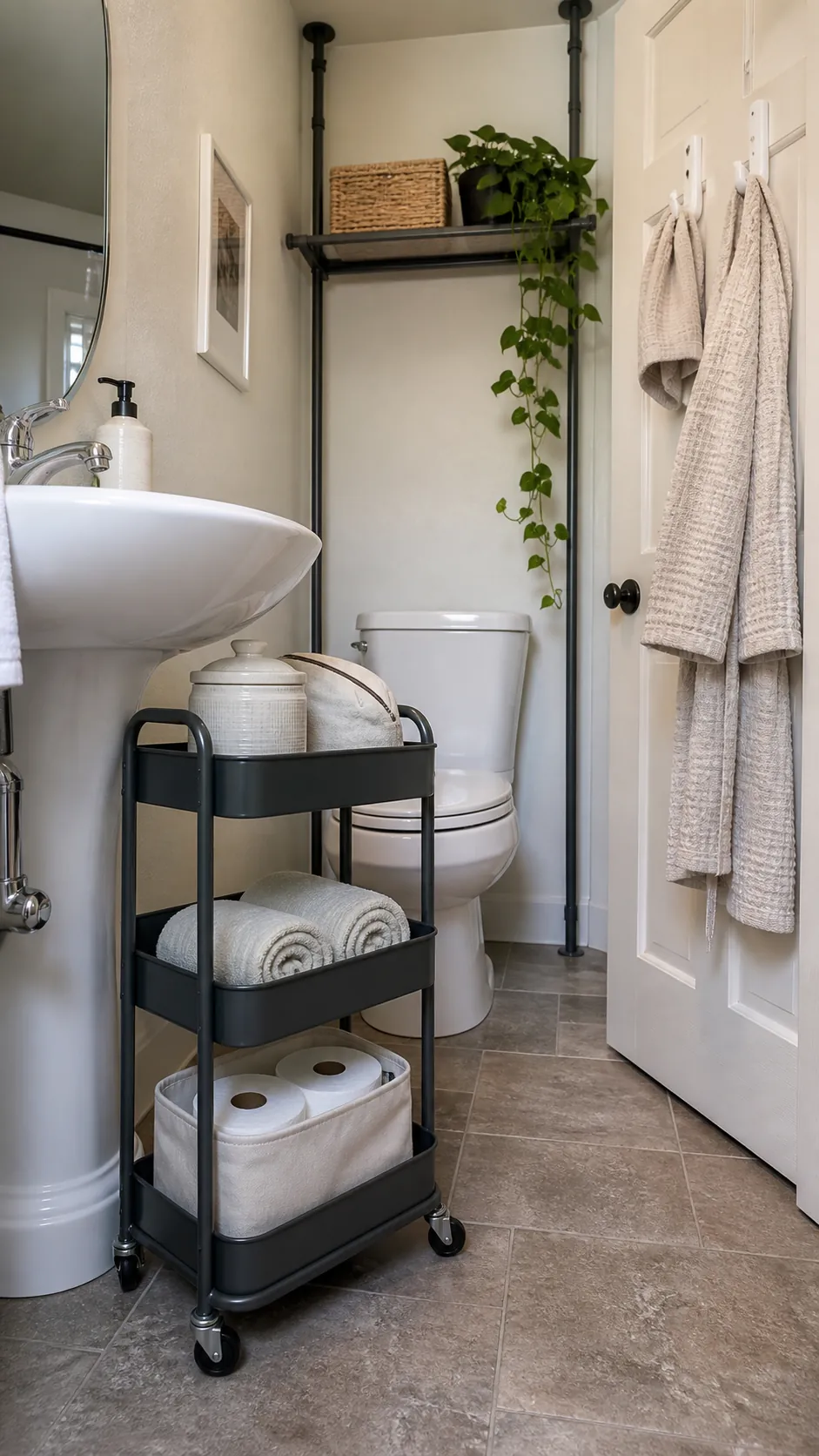 Renter-friendly bathroom storage using a slim cart, hooks, and labeled-free baskets