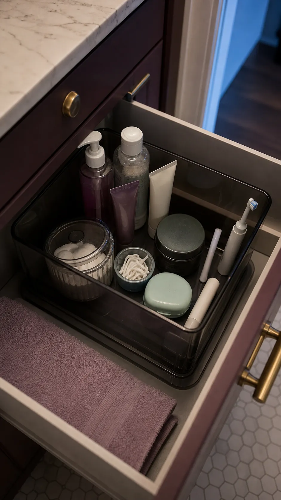 Organized evening skincare and dental care bin beneath a vanity sink