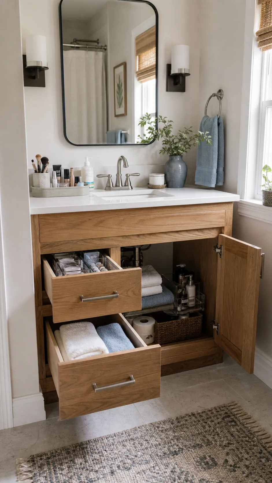 Beautifully organized bathroom vanity with practical storage for makeup and towels