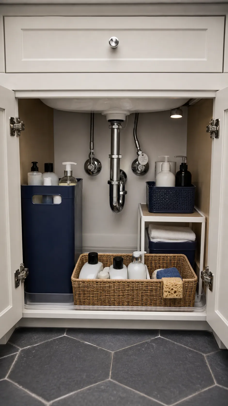Under-sink bathroom storage fitted carefully around visible plumbing