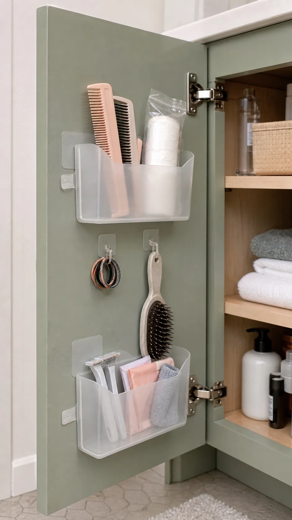 Slim bathroom essentials organized on the inside of a vanity cabinet door