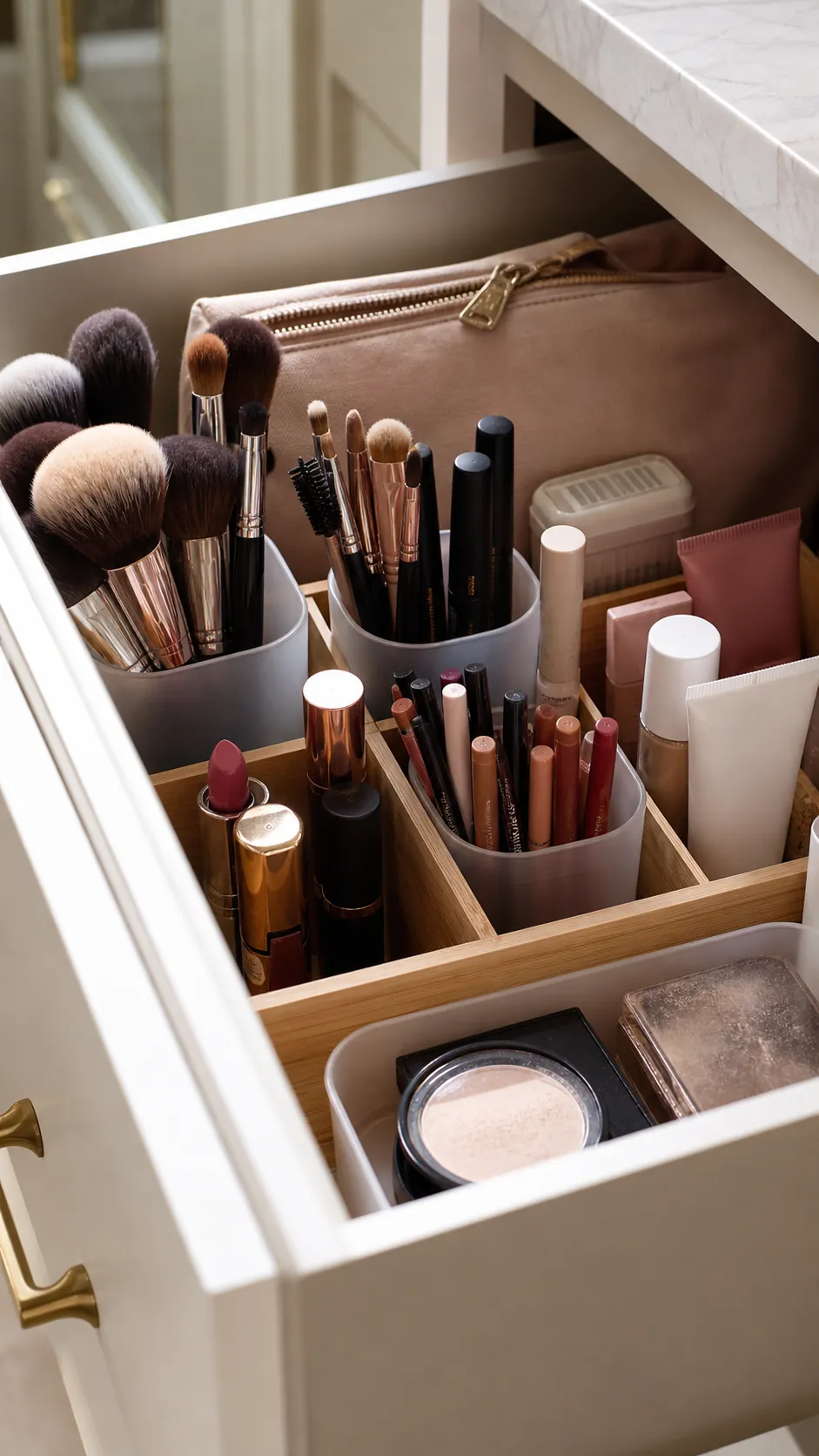 Everyday makeup stored upright by category in a vanity drawer