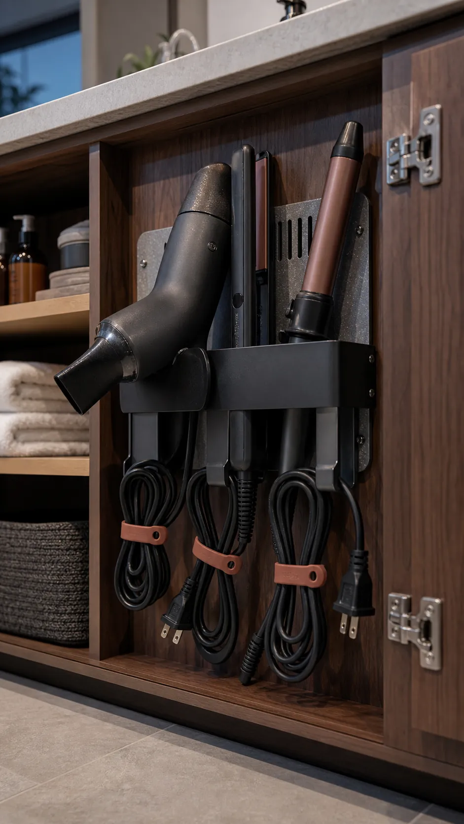 Hair dryer and styling tools stored in heat-safe vanity holders