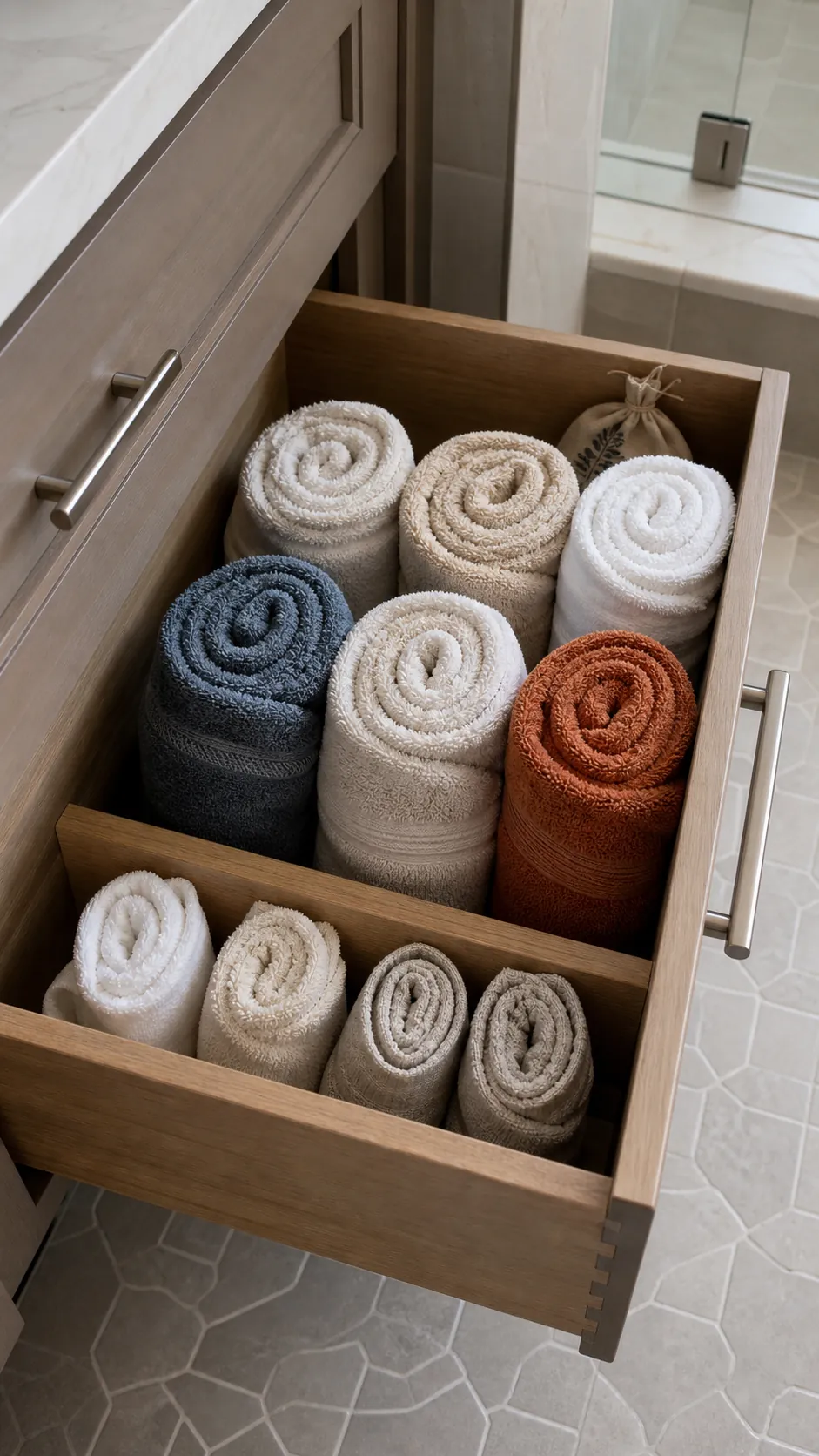 Rolled hand towels and washcloths arranged upright in a vanity drawer