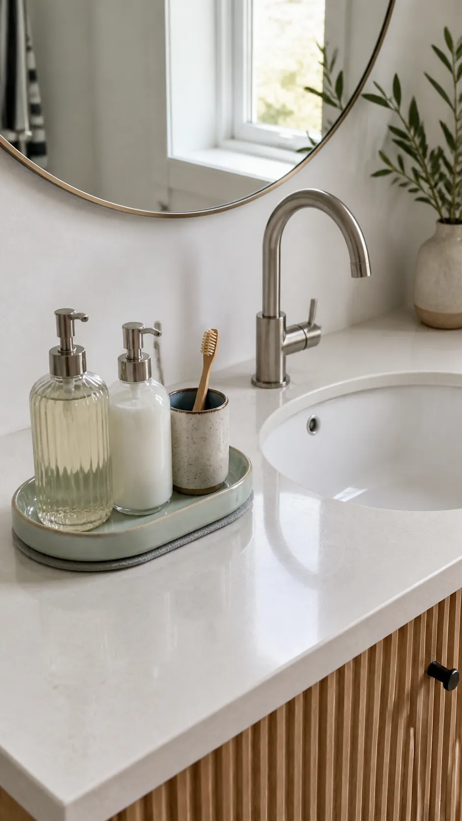 Minimal bathroom counter with daily items contained on a washable tray