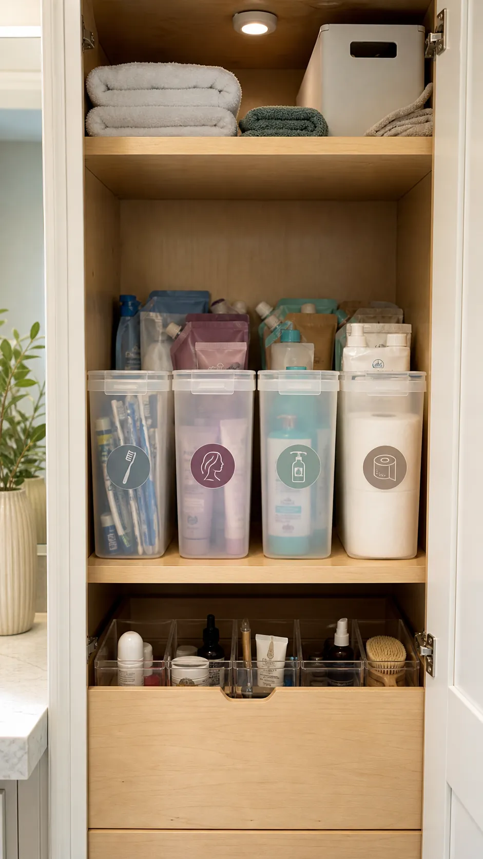 Bathroom product backups sorted into clearly labeled vanity bins