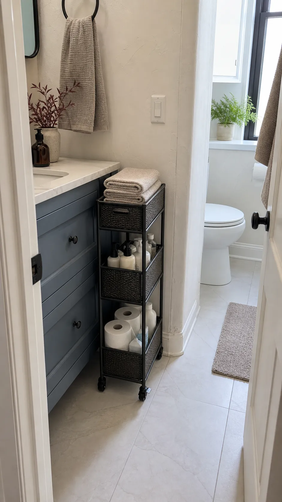 Narrow rolling bathroom storage cart fitted beside a vanity