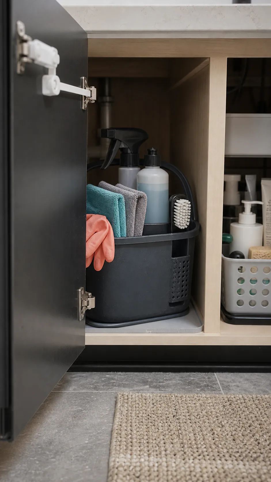 Compact bathroom cleaning supplies stored in a handled vanity bin