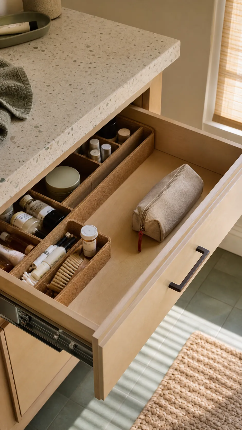Organized bathroom vanity drawer with a useful section left open