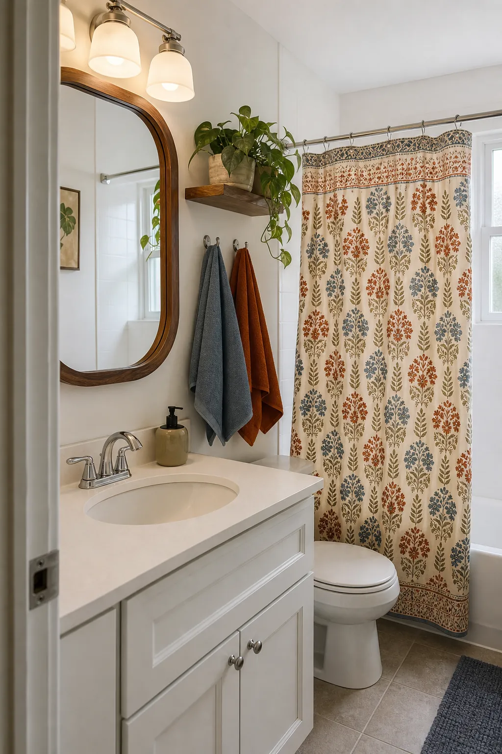 Basic bathroom with a colorful shower curtain, sculptural mirror, warm wood, and coordinated accessories