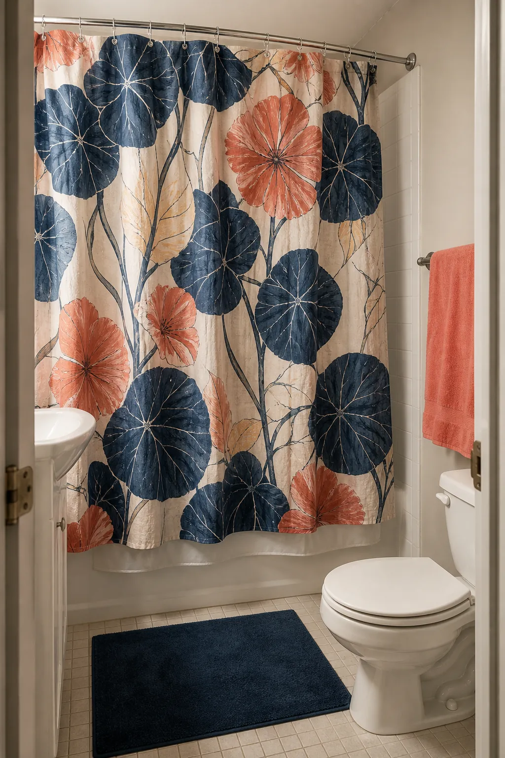Bold botanical shower curtain acting as the main personality feature in a plain bathroom