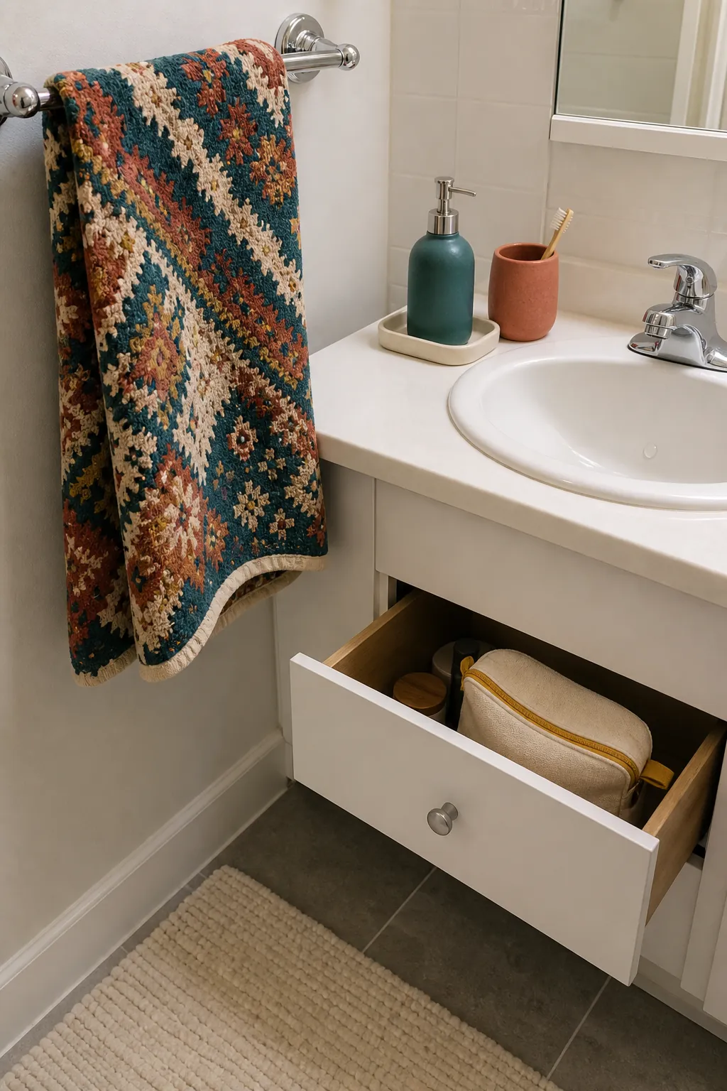 Bathroom color palette built from a favorite patterned textile and coordinated practical accents
