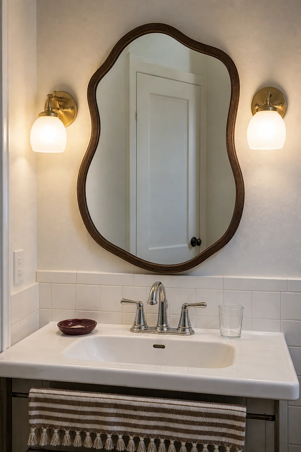 Curved vintage-style bathroom mirror and warm vanity light adding character to a basic sink