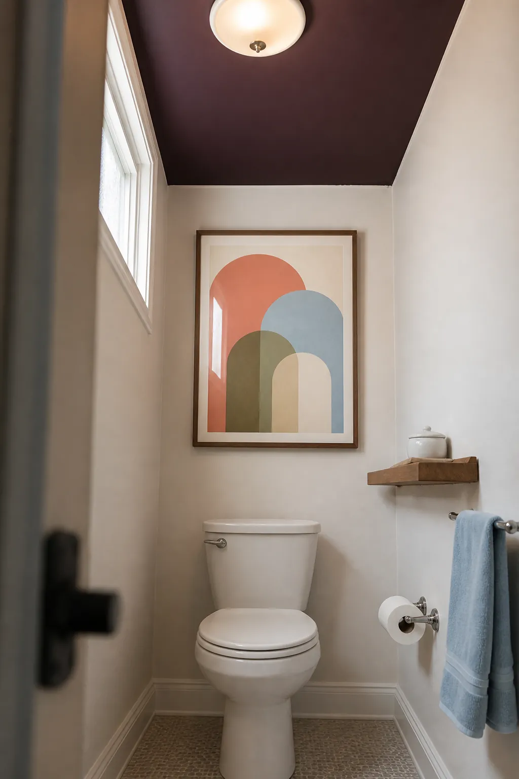Colorful bathroom with a painted ceiling and one humidity-safe geometric print