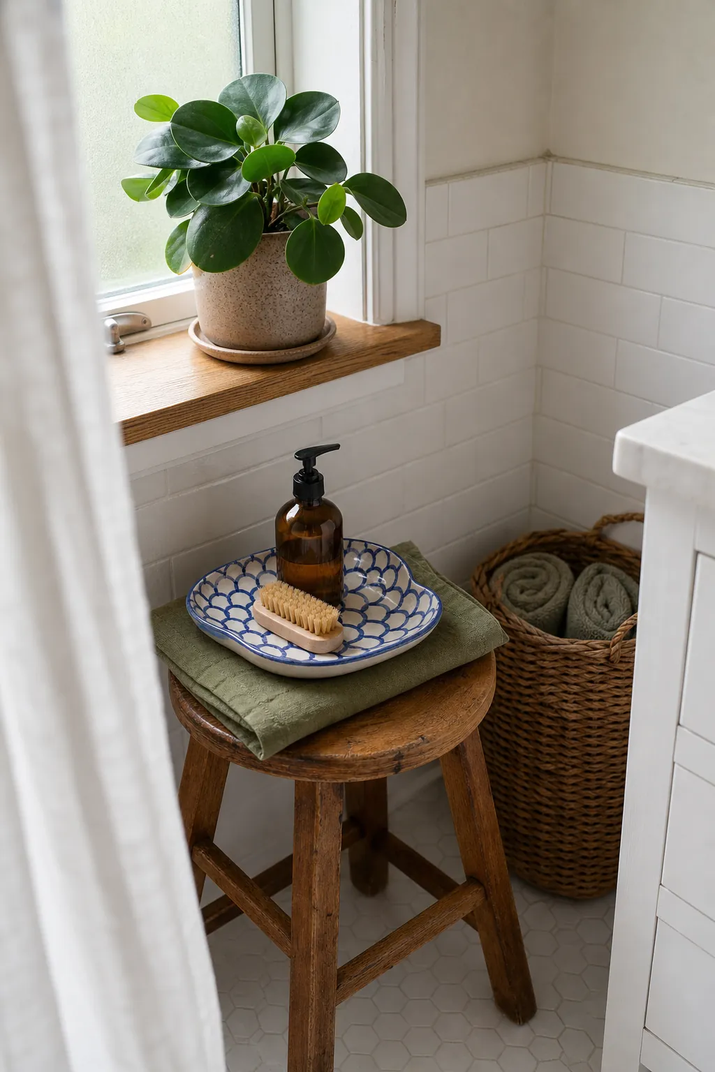 Bathroom plant corner with patterned tile tray, linen, clay, and natural texture