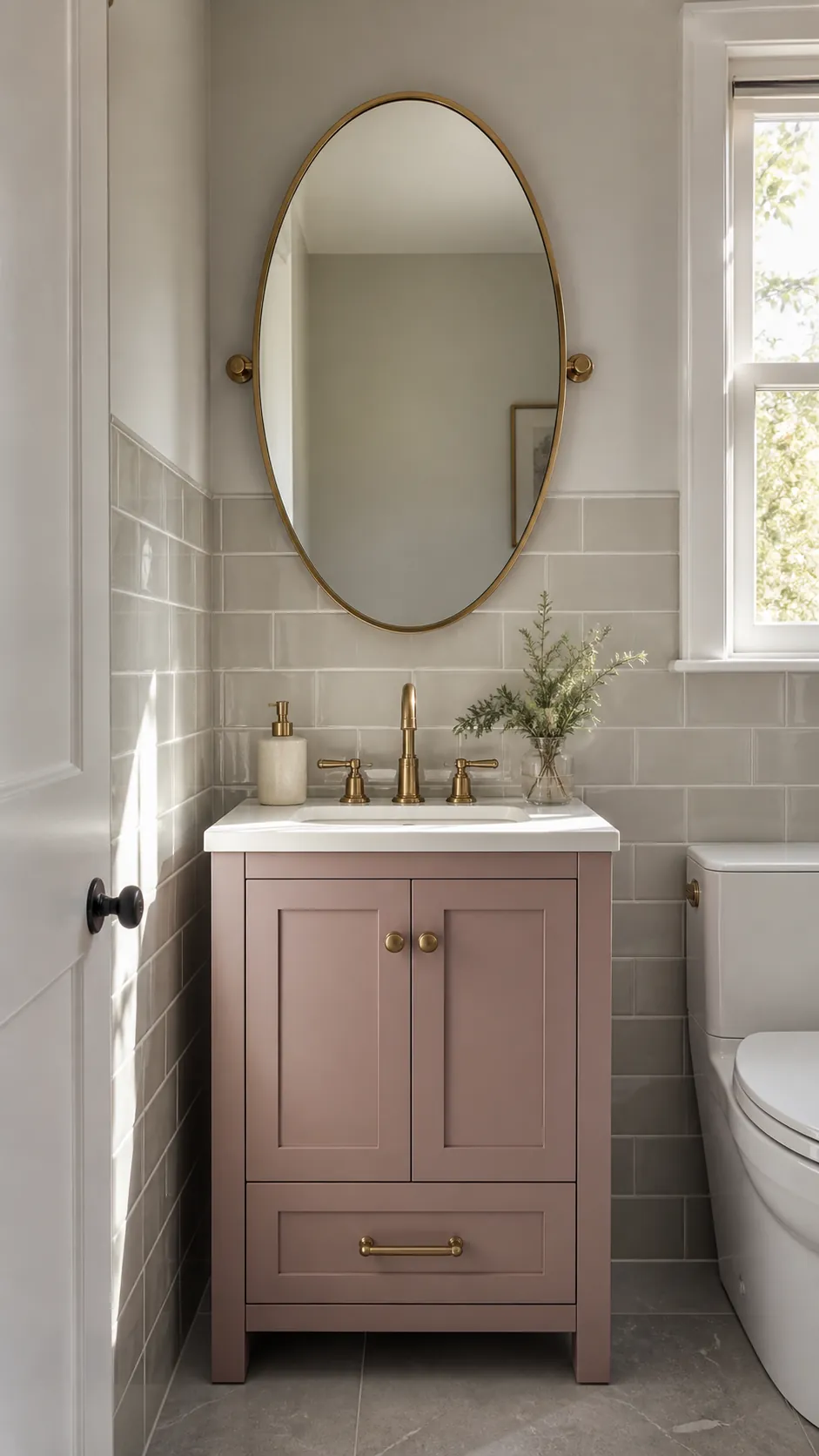 Oval mirror softening the lines of a small bathroom vanity