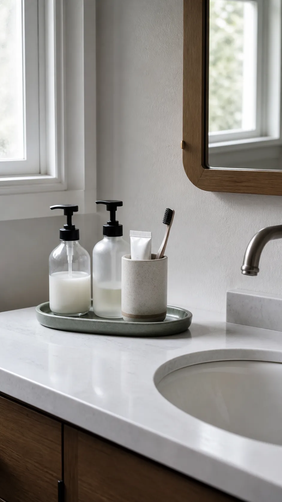 Small bathroom vanity styled with one compact counter tray