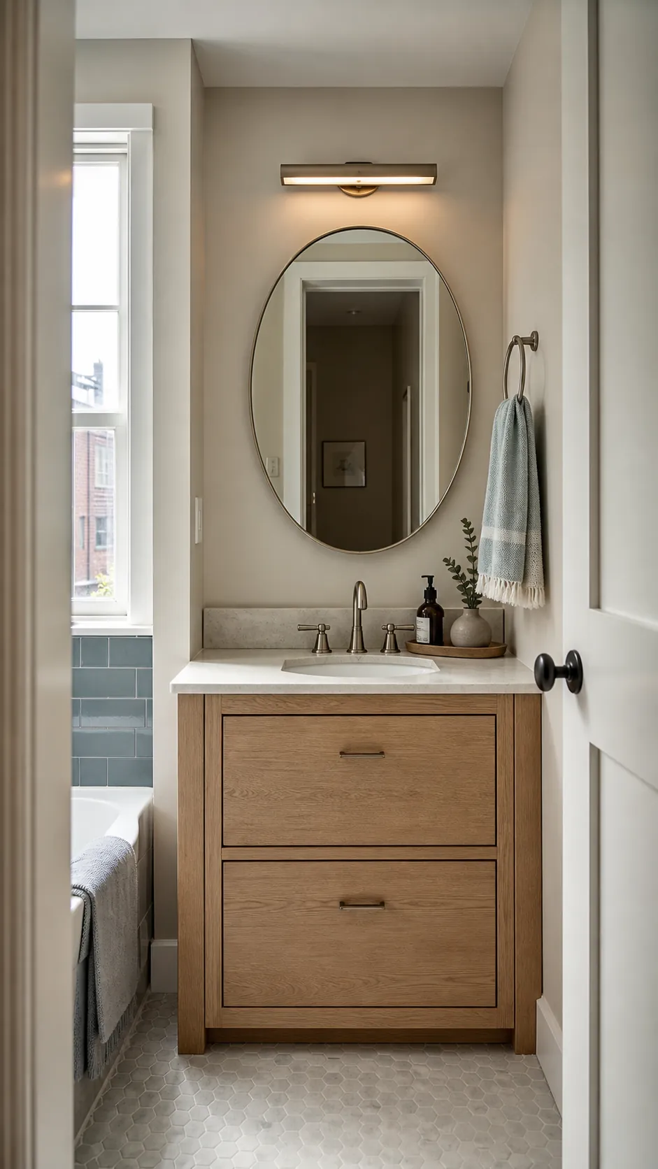 Stylish small bathroom vanity with practical limited-space decor