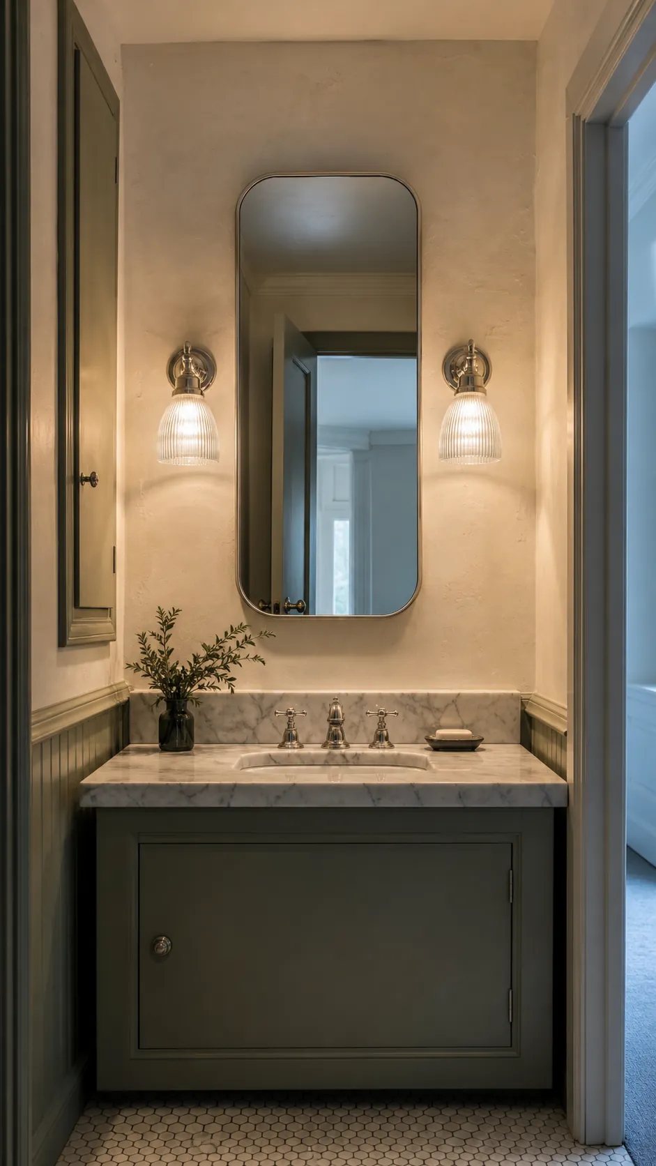 Petite sconces flanking a narrow small-bathroom mirror