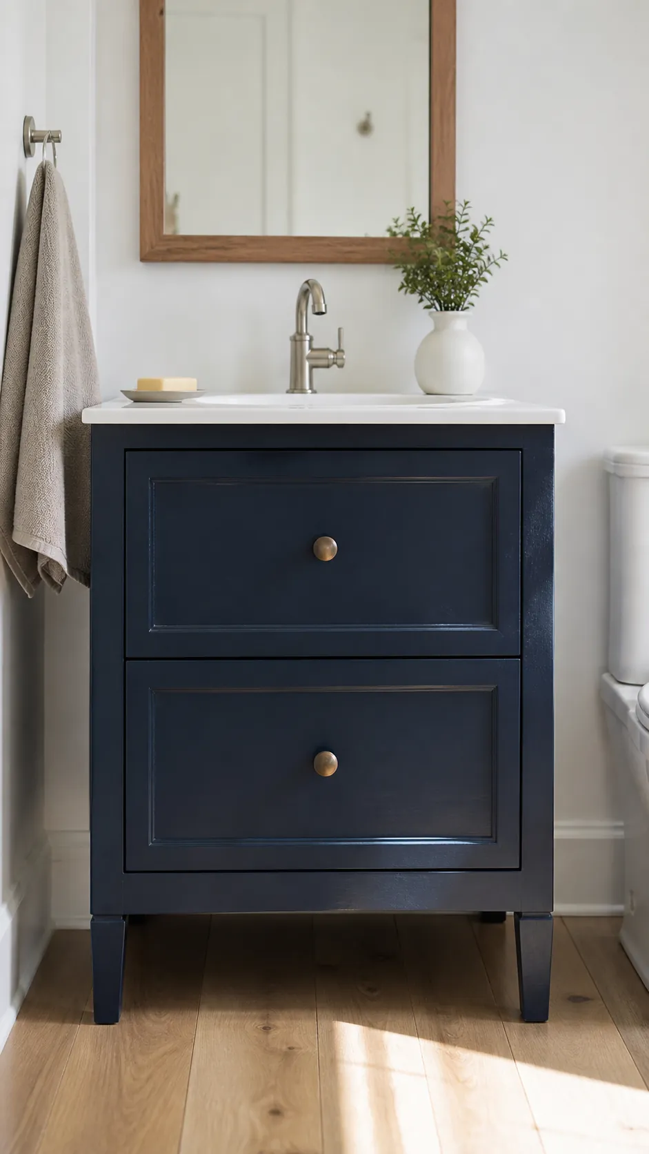Deep blue painted vanity adding color to a small bathroom
