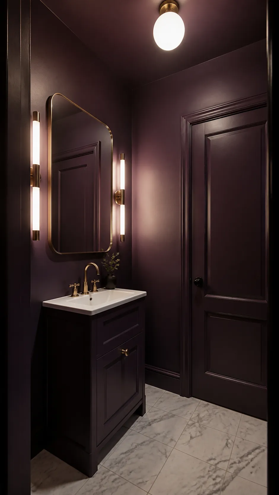 Color-drenched powder room with a compact matching vanity