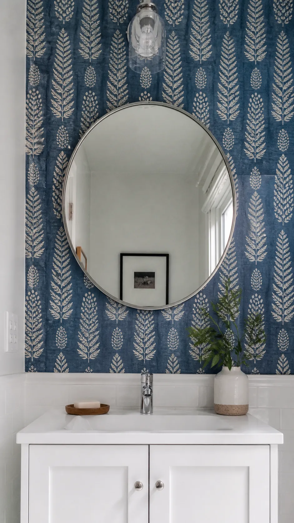Small vanity wall finished with a specific block-print botanical pattern