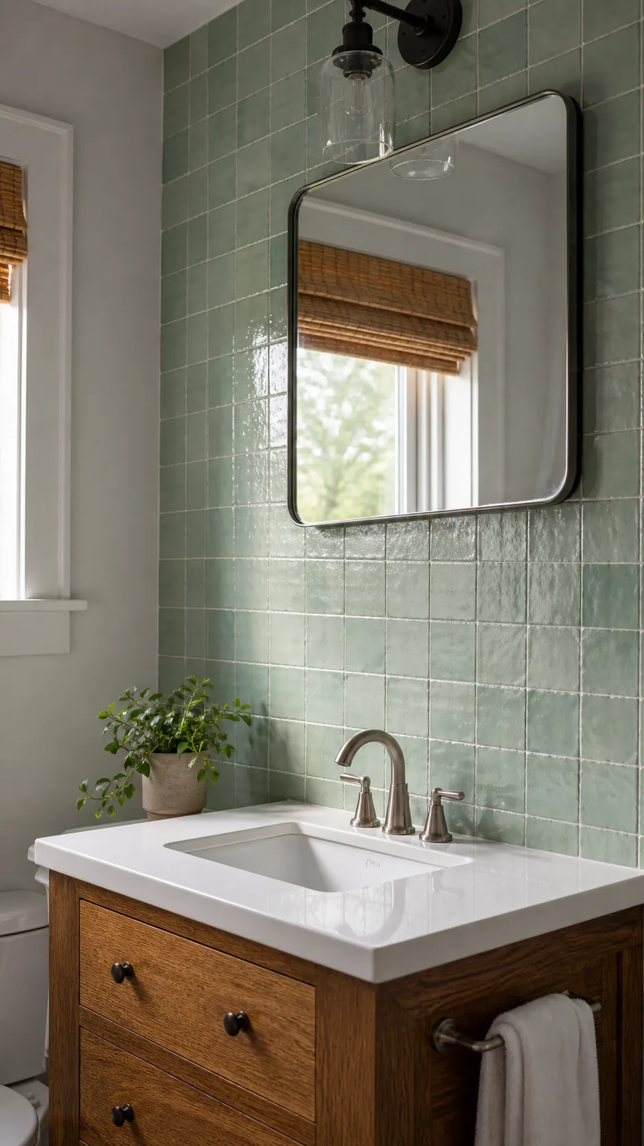 Compact vanity with backsplash extending neatly to the mirror