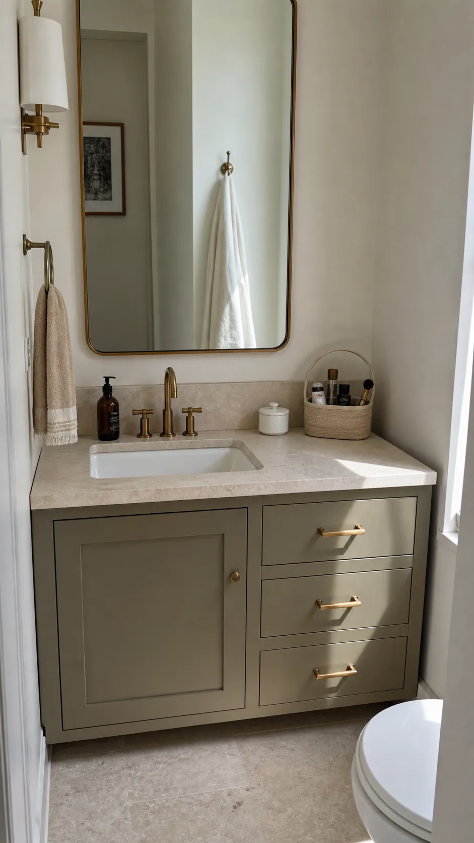 Small vanity with an offset basin and useful counter space