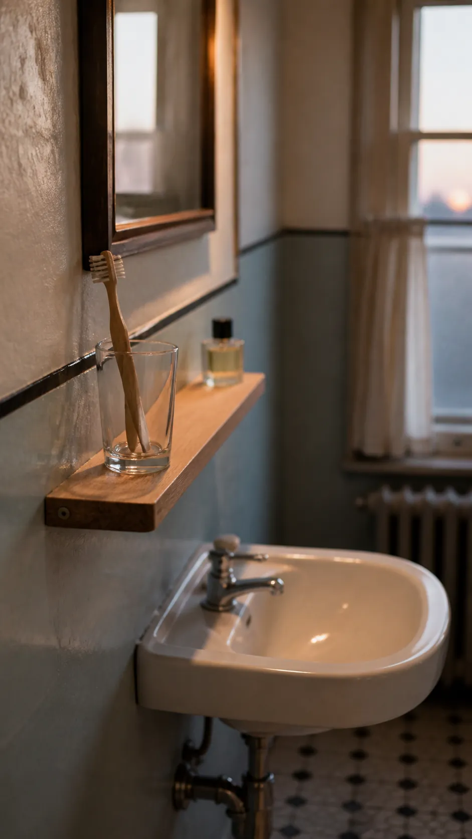 Shallow ledge below a mirror adding storage above a tiny vanity