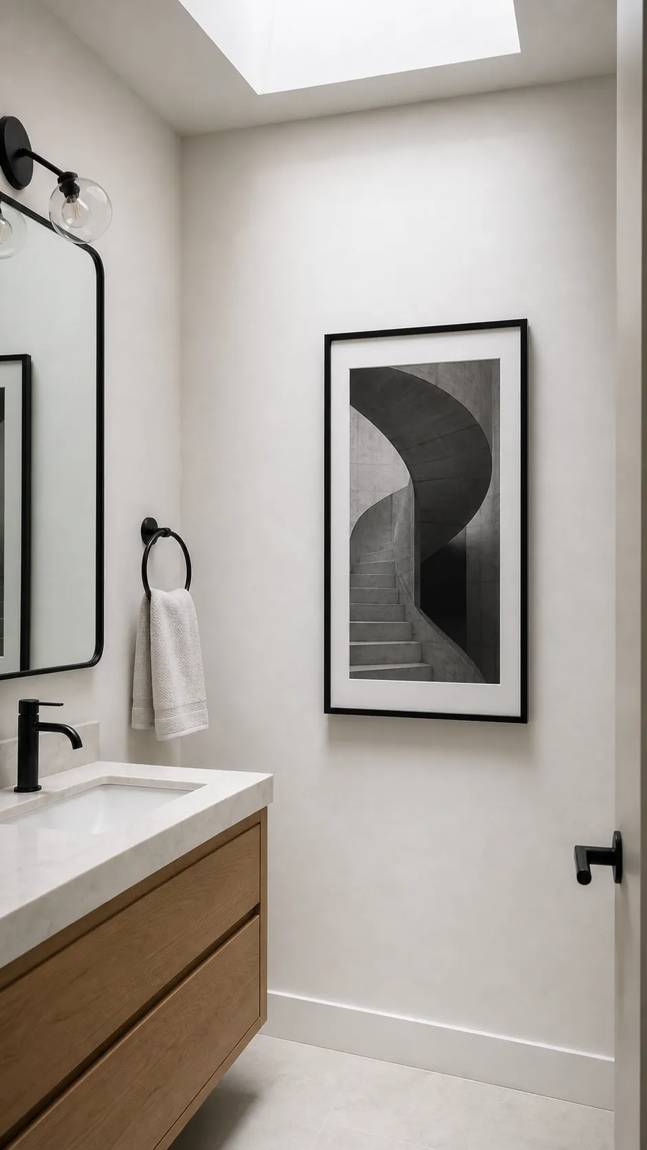 Narrow black-and-white architecture photograph beside a small vanity