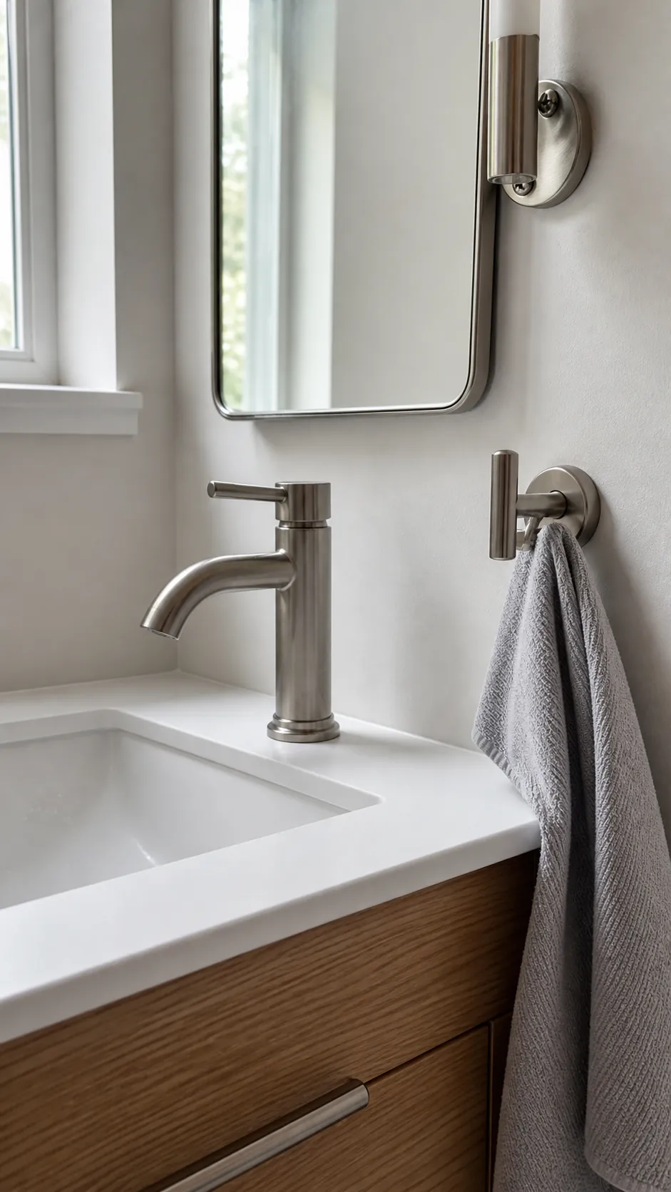 Compact vanity styled with a consistent brushed nickel finish