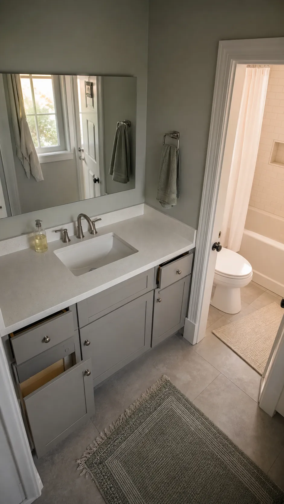 Calm small bathroom vanity with intentionally clear counter space