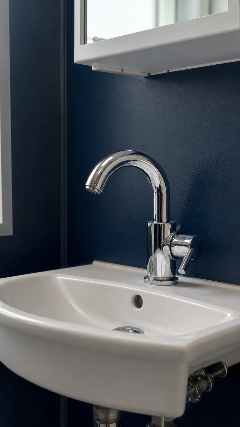 Low-profile faucet correctly scaled to a small vanity basin